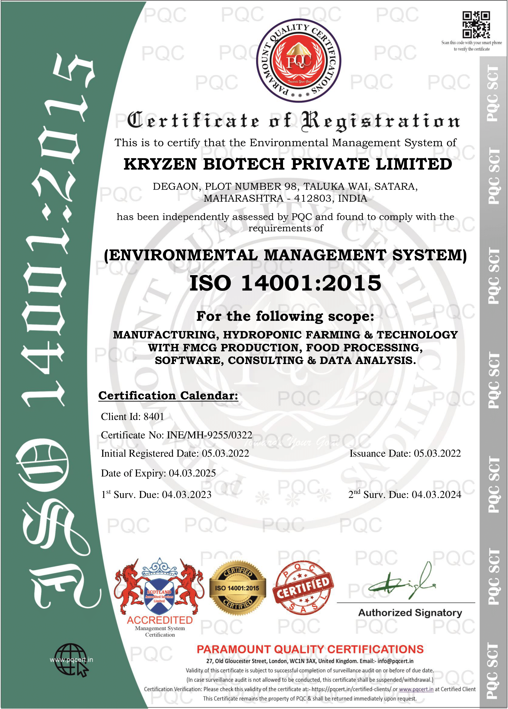 Kryzen Biotech ISO 14001:2015